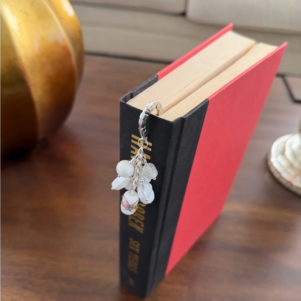 Handmade White Glass Bead Grape Bookmark with Silver Tone Hook - ideal Gift